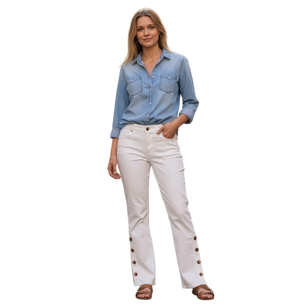151 Women White Mid Rise Bootcut Jeans Side Button Detail MV20836Z New